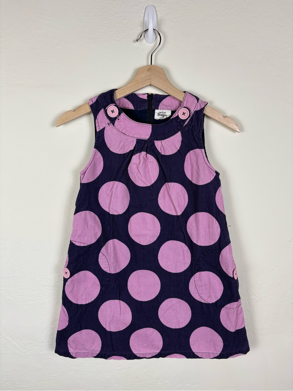 Mini Boden Girls 7-8 Purple Corduroy Polka Dot Jumper Dress Sleeveless Pockets